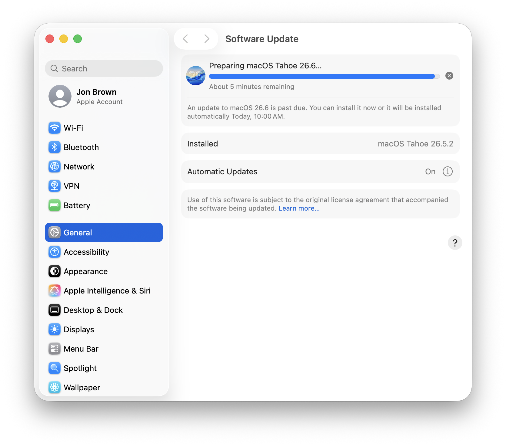 macOS Software Update preparing macOS Tahoe 26.6 with an automatic installation deadline of 10:00 a.m.