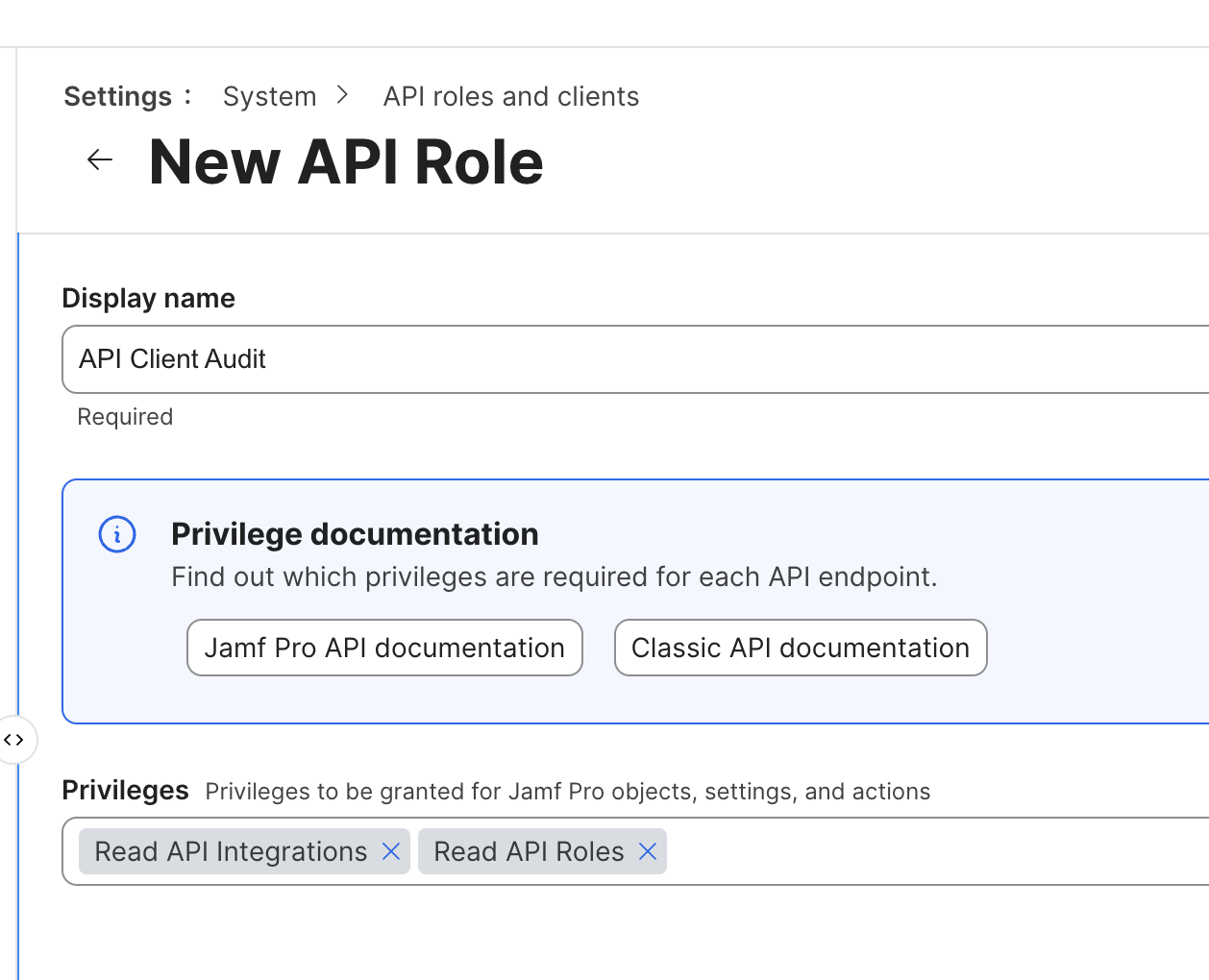 Jamf Pro new API role named API Client Audit with Read API Integrations and Read API Roles privileges selected
