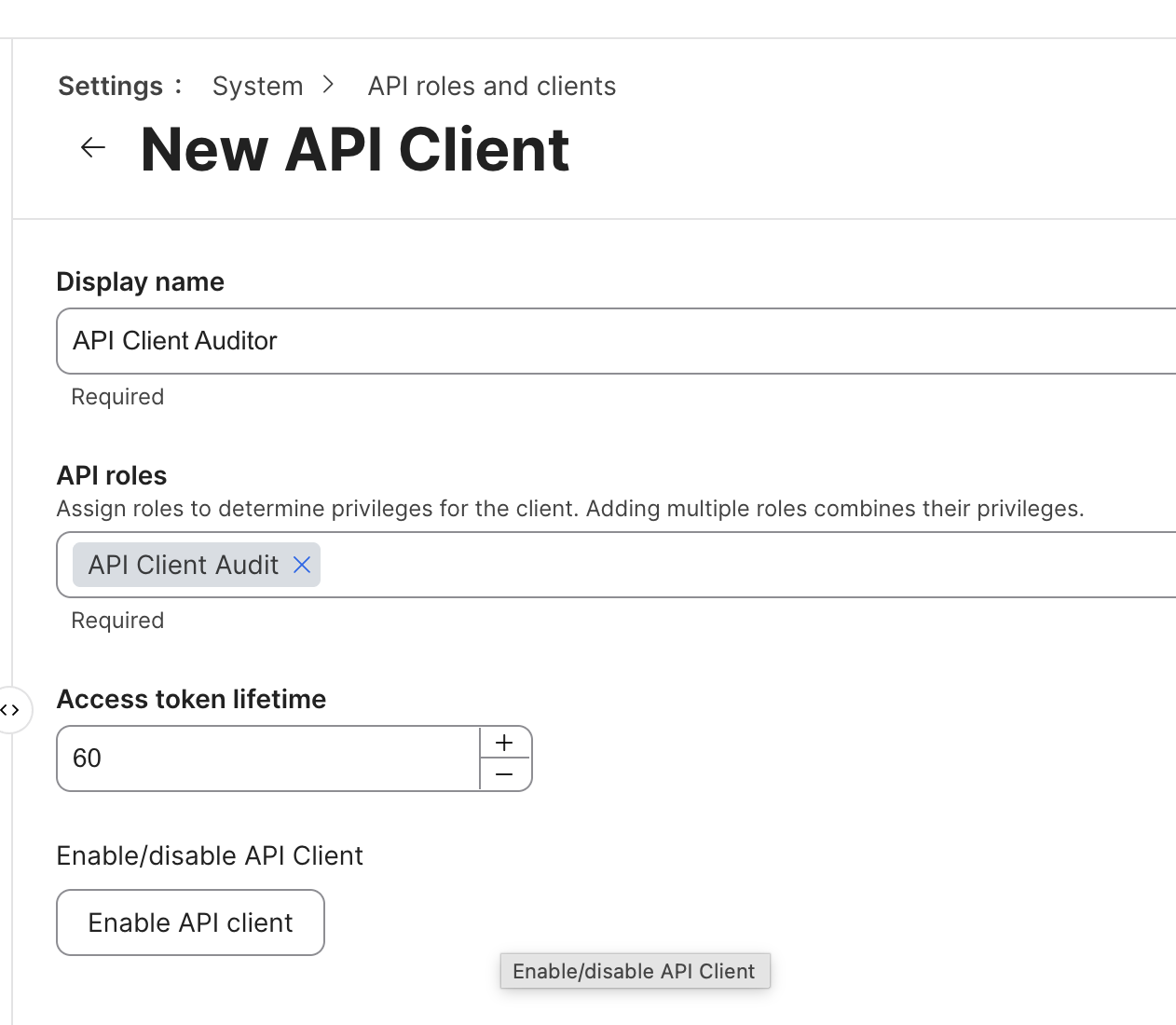 Jamf Pro new API client named API Client Auditor assigned to the API Client Audit role with a 60 minute access token lifetime