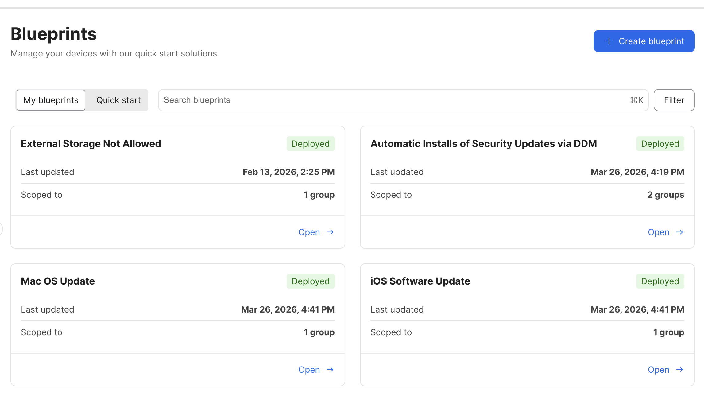 Jamf Blueprints list showing deployed update blueprints for macOS, iOS, and automatic security updates via DDM