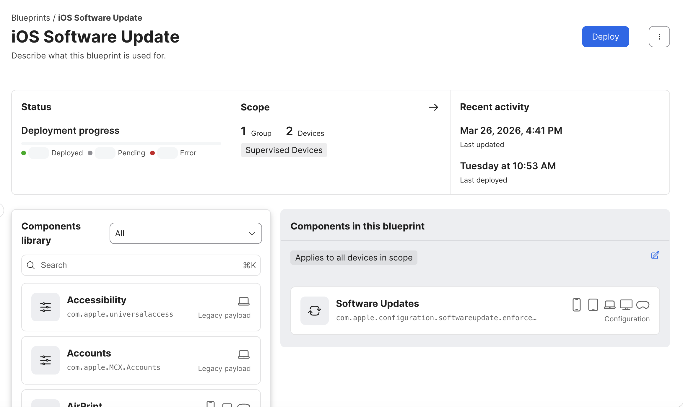 Jamf iOS software update blueprint overview showing scope, deployment status, recent activity, and the Software Updates component