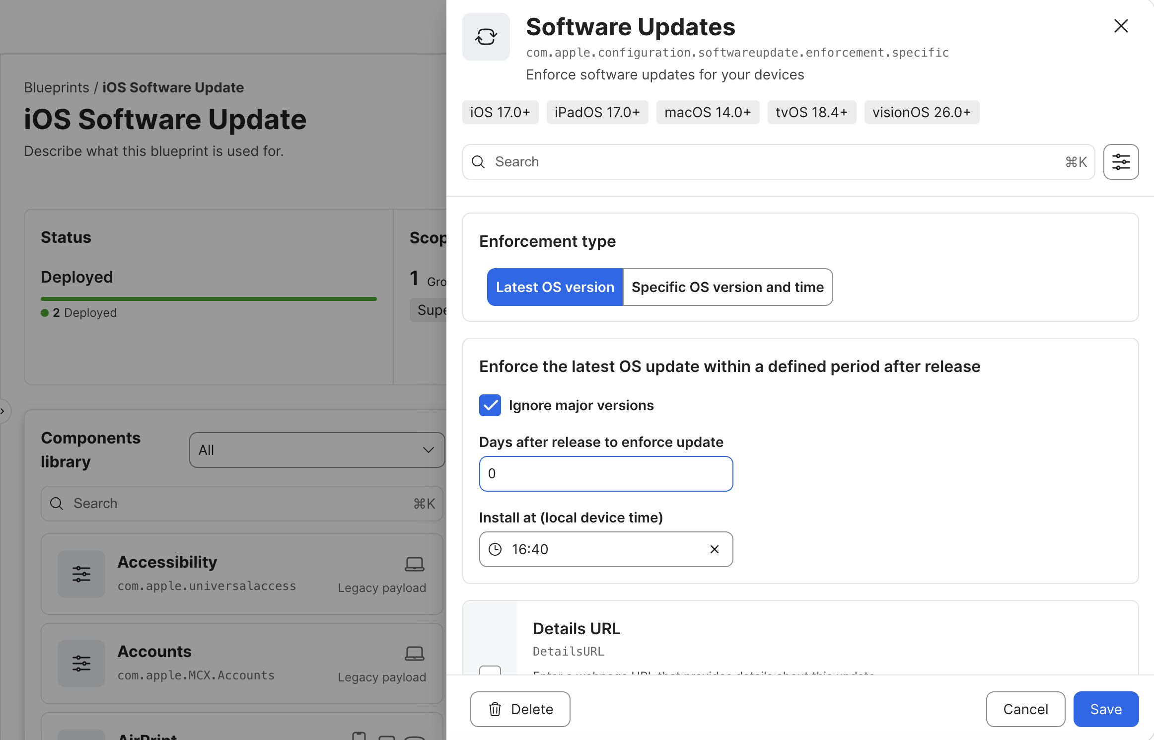 Jamf iOS Software Updates component configured for latest OS version enforcement with Ignore major versions selected and a local install time