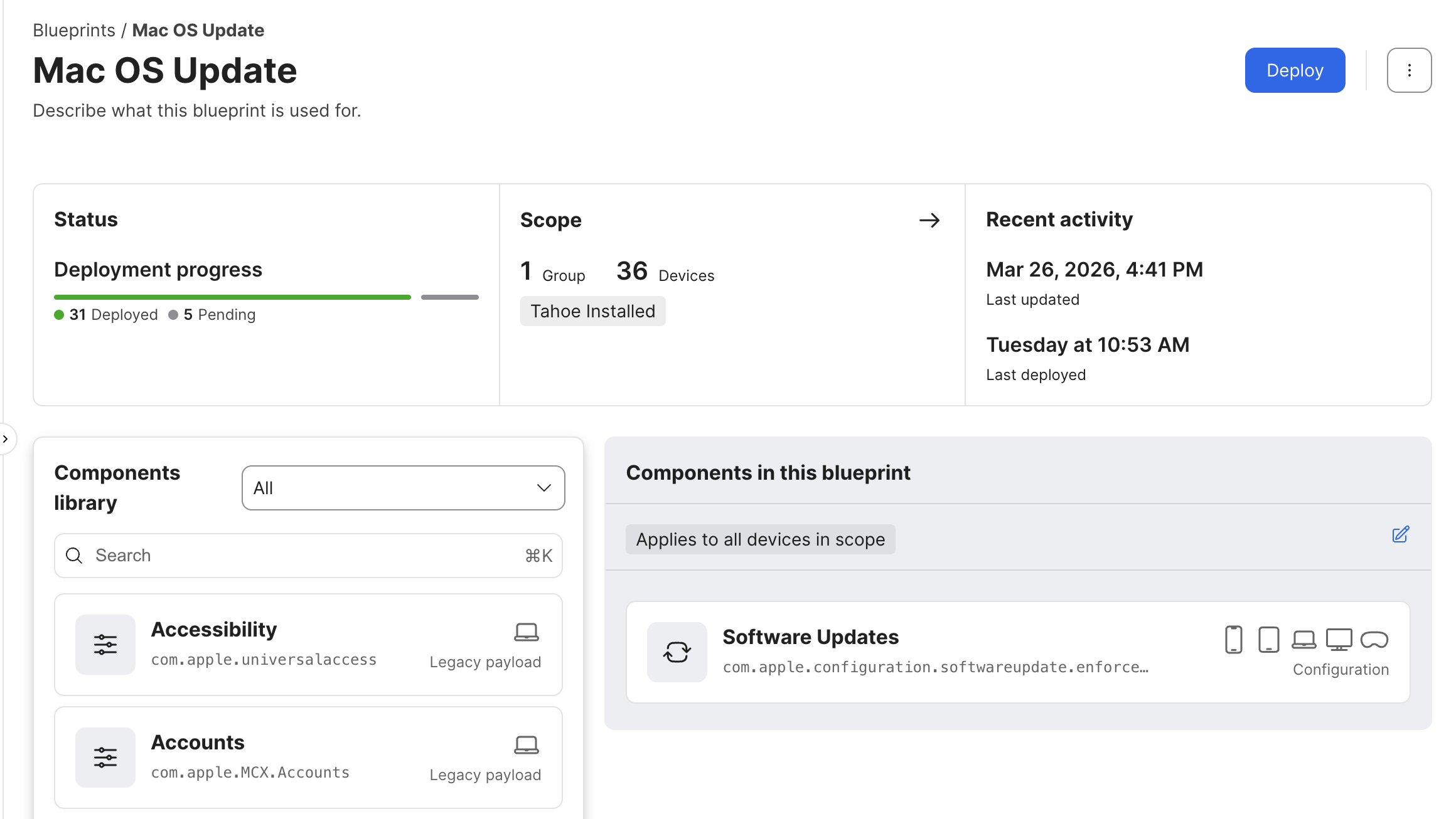 Jamf macOS update blueprint overview showing deployment progress, scope, recent activity, and the Software Updates component