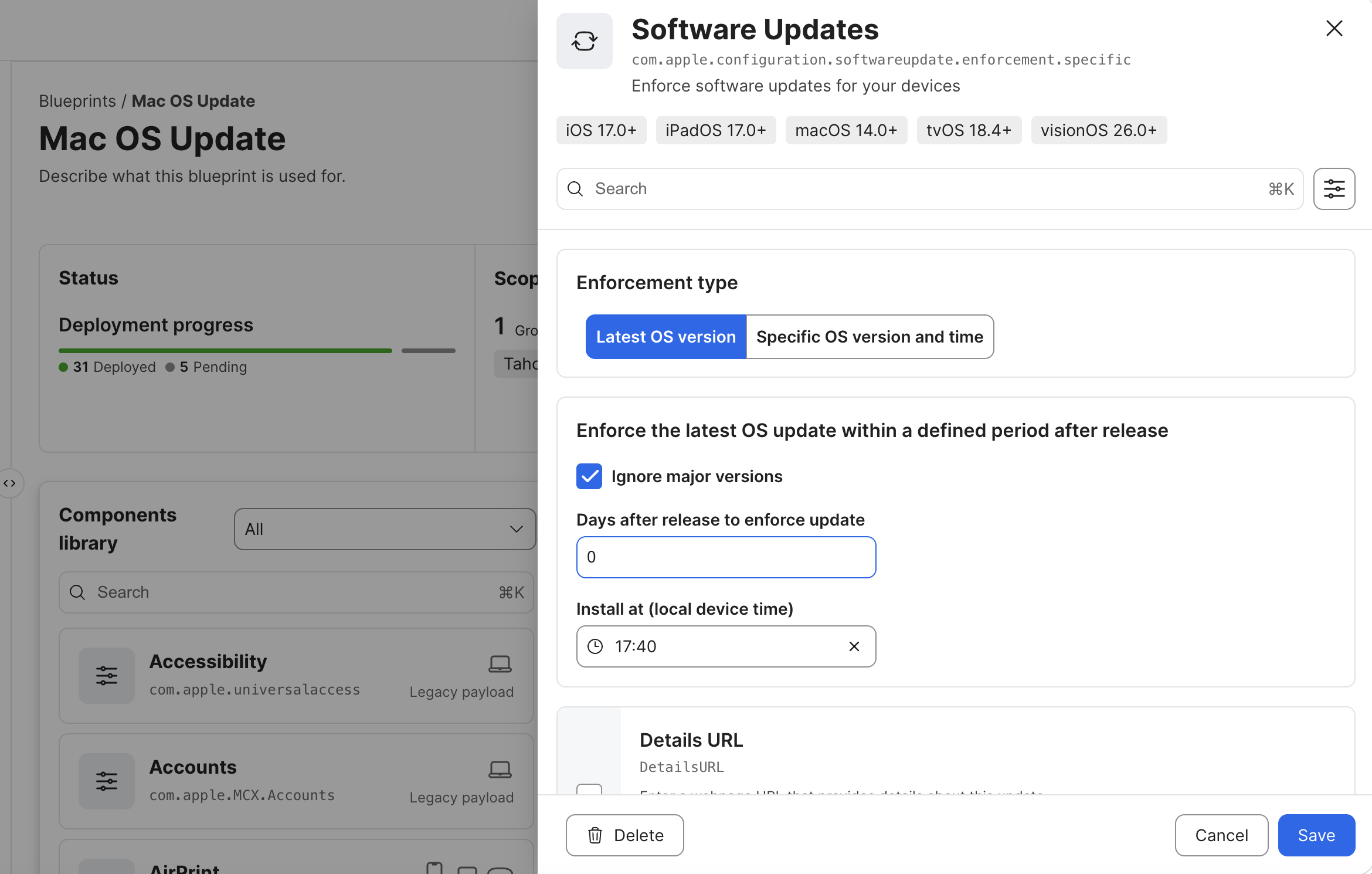Jamf macOS Software Updates component configured for latest OS version enforcement with Ignore major versions selected and a local install time