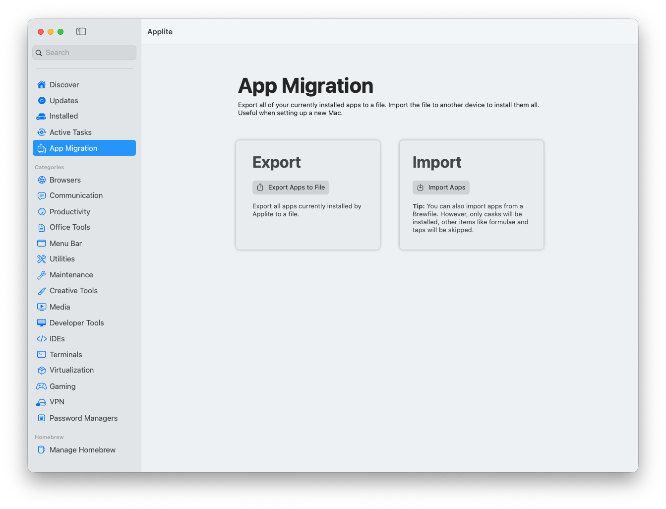 Applite App Migration view showing export and import options