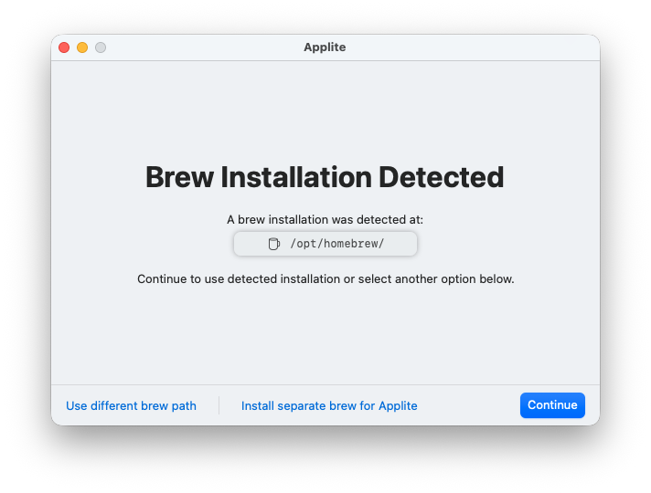 Applite detecting an existing Homebrew installation at opt homebrew