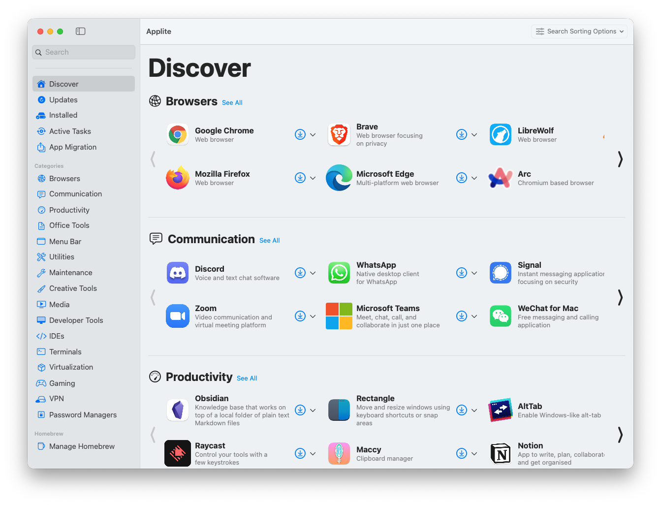 Applite Discover view showing app categories and downloadable apps