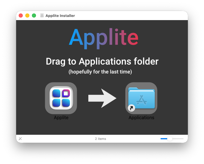 Applite DMG installer showing the app dragged to Applications