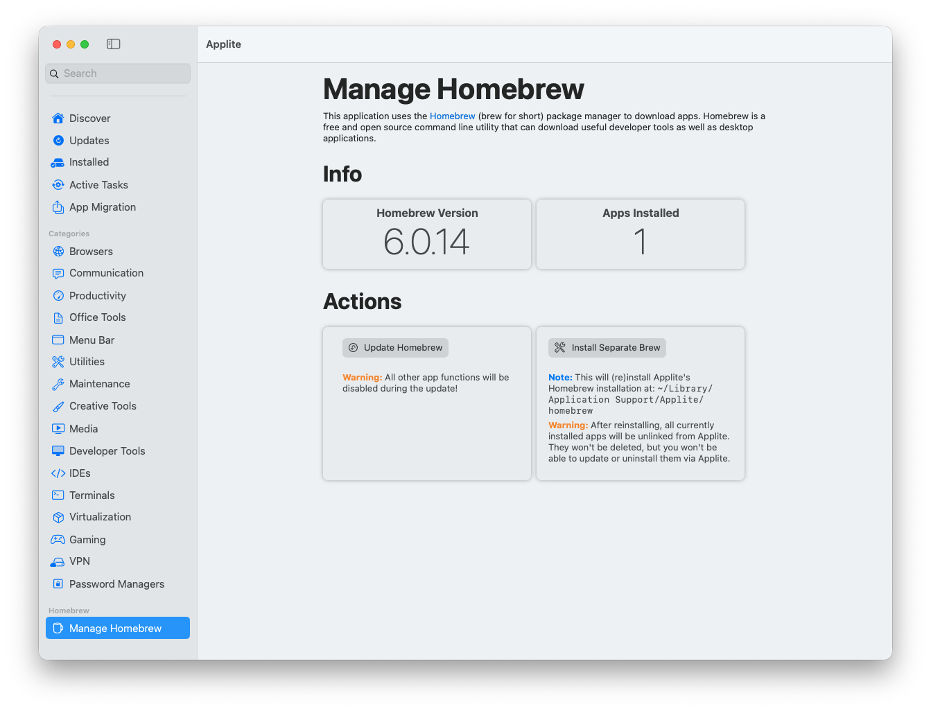 Applite Manage Homebrew screen showing Homebrew version and installed app count