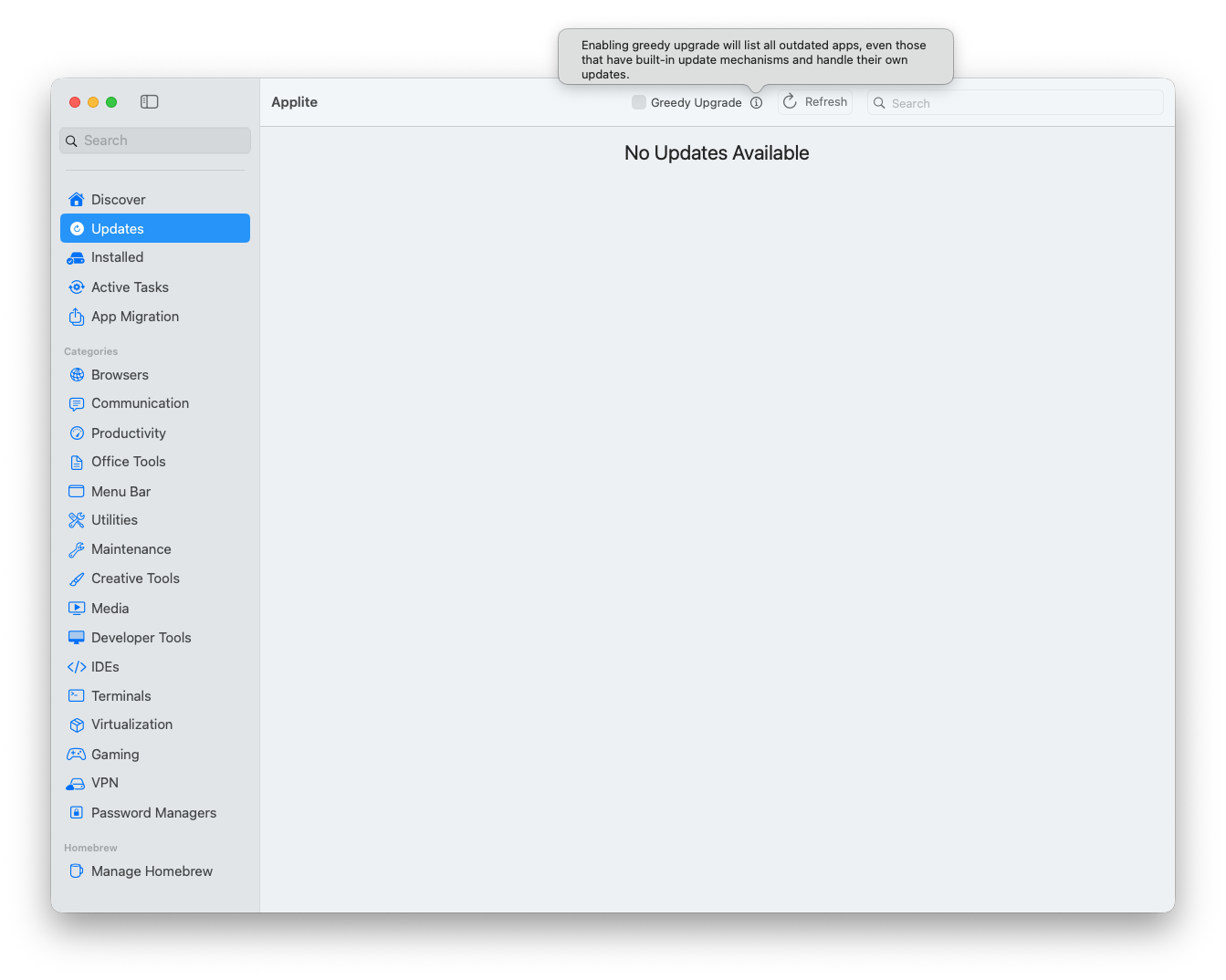 Applite Updates view showing no updates and the Greedy Upgrade explanation