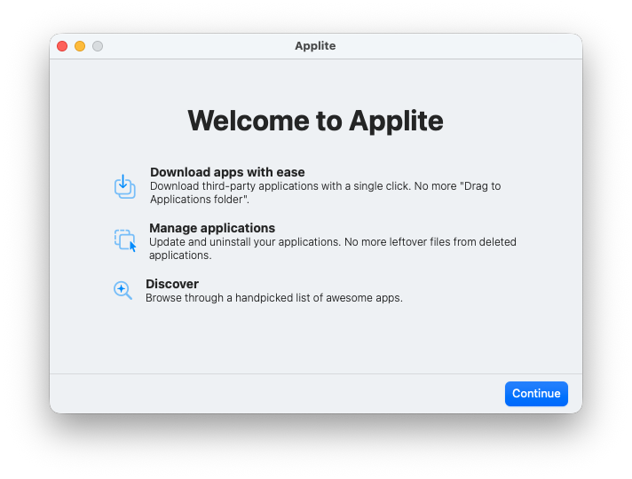 Applite welcome screen showing download, manage, and discover features