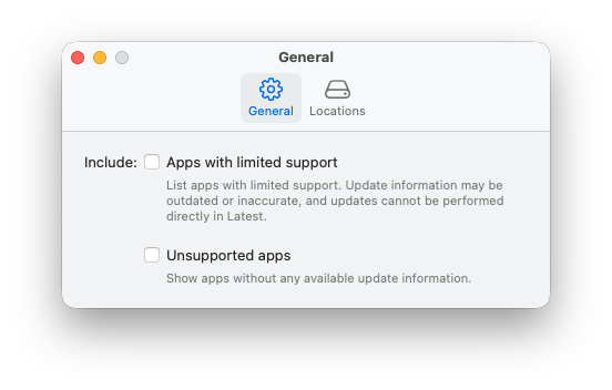 Latest general preferences showing limited support and unsupported app options