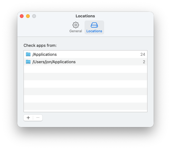 Latest locations preferences showing Applications and user Applications folders