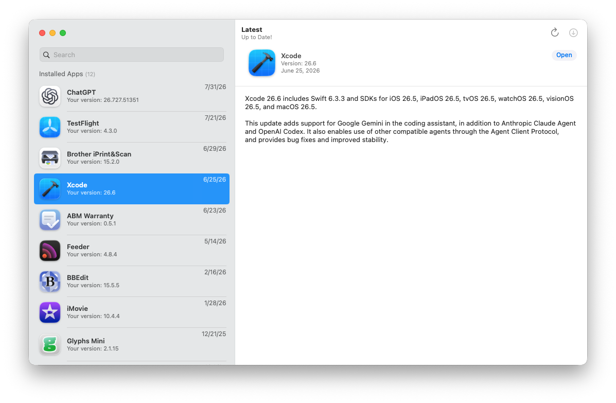 Latest showing the Mac as up to date with Xcode selected