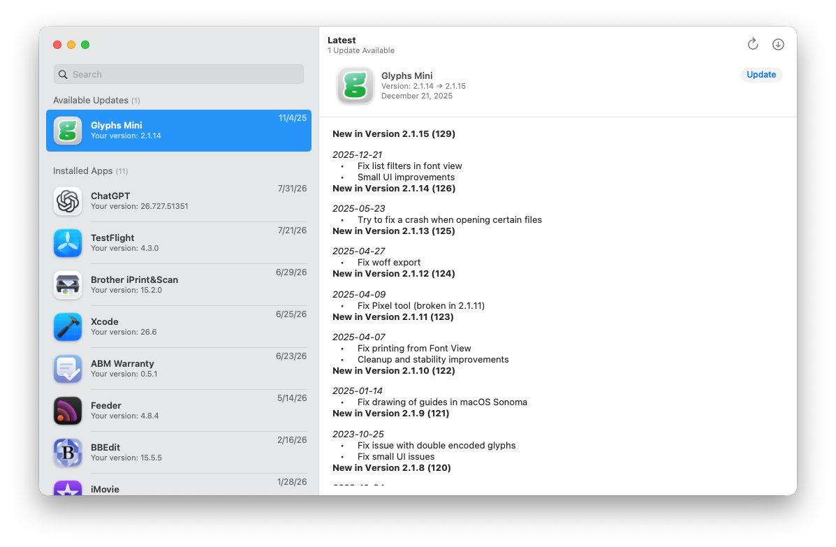 Latest showing one available update for Glyphs Mini with release notes