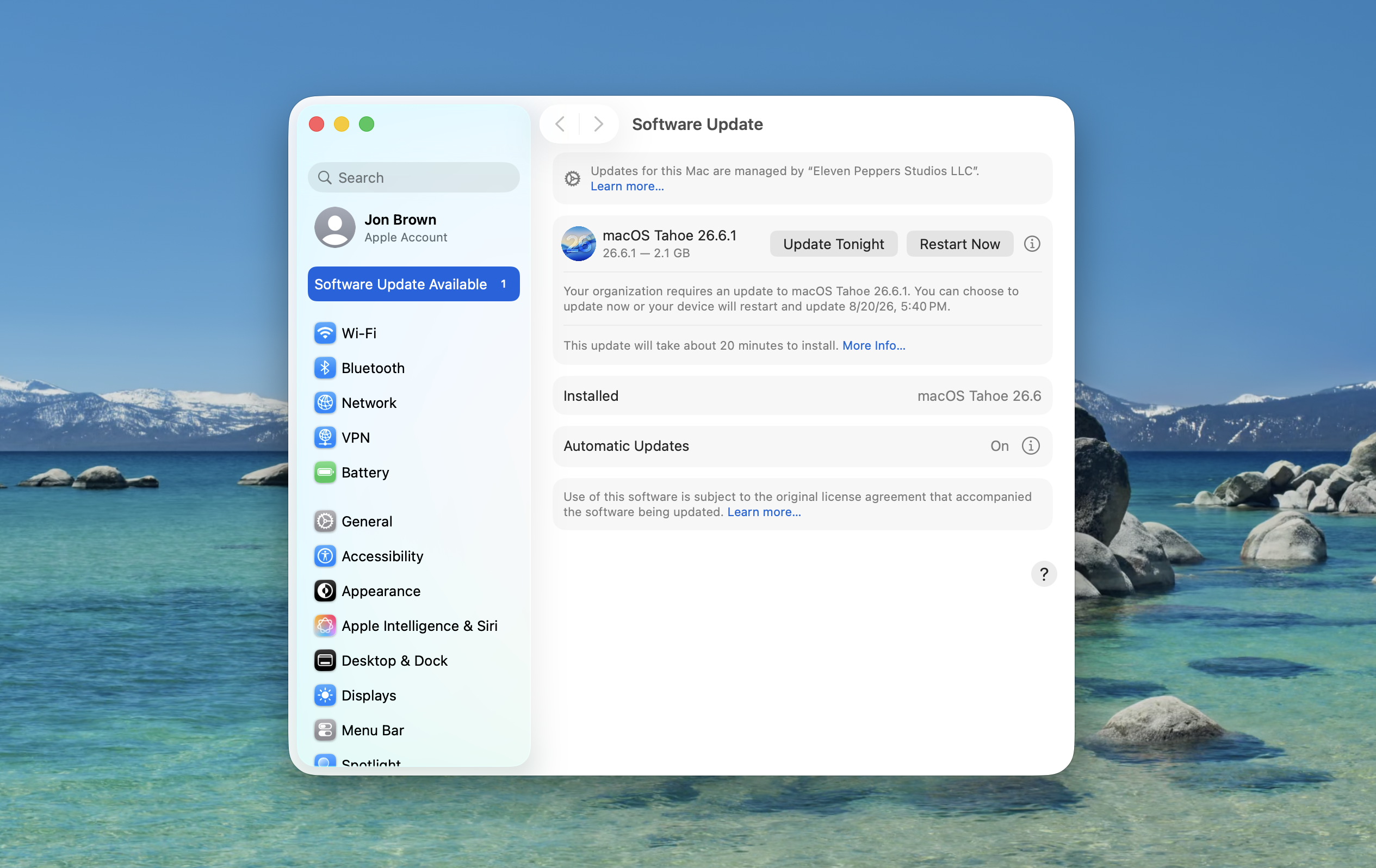 Software Update showing macOS Tahoe 26.6.1 available on a managed Mac