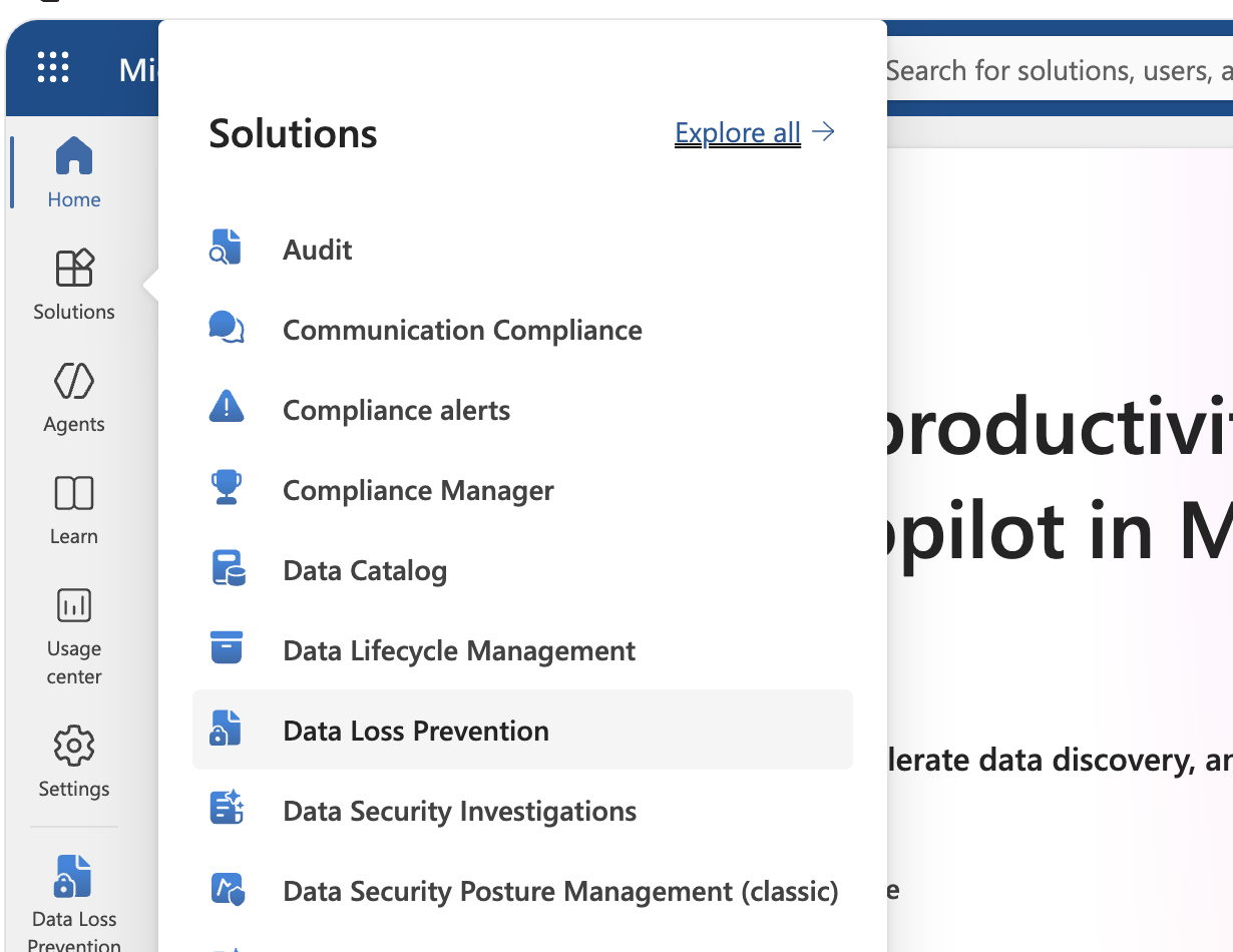 Microsoft Purview solutions menu showing Data Loss Prevention