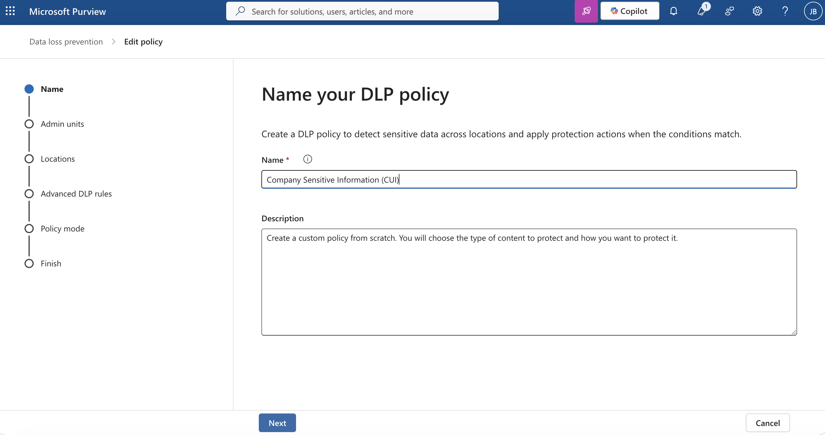 Microsoft Purview DLP policy creation screen with a custom policy name