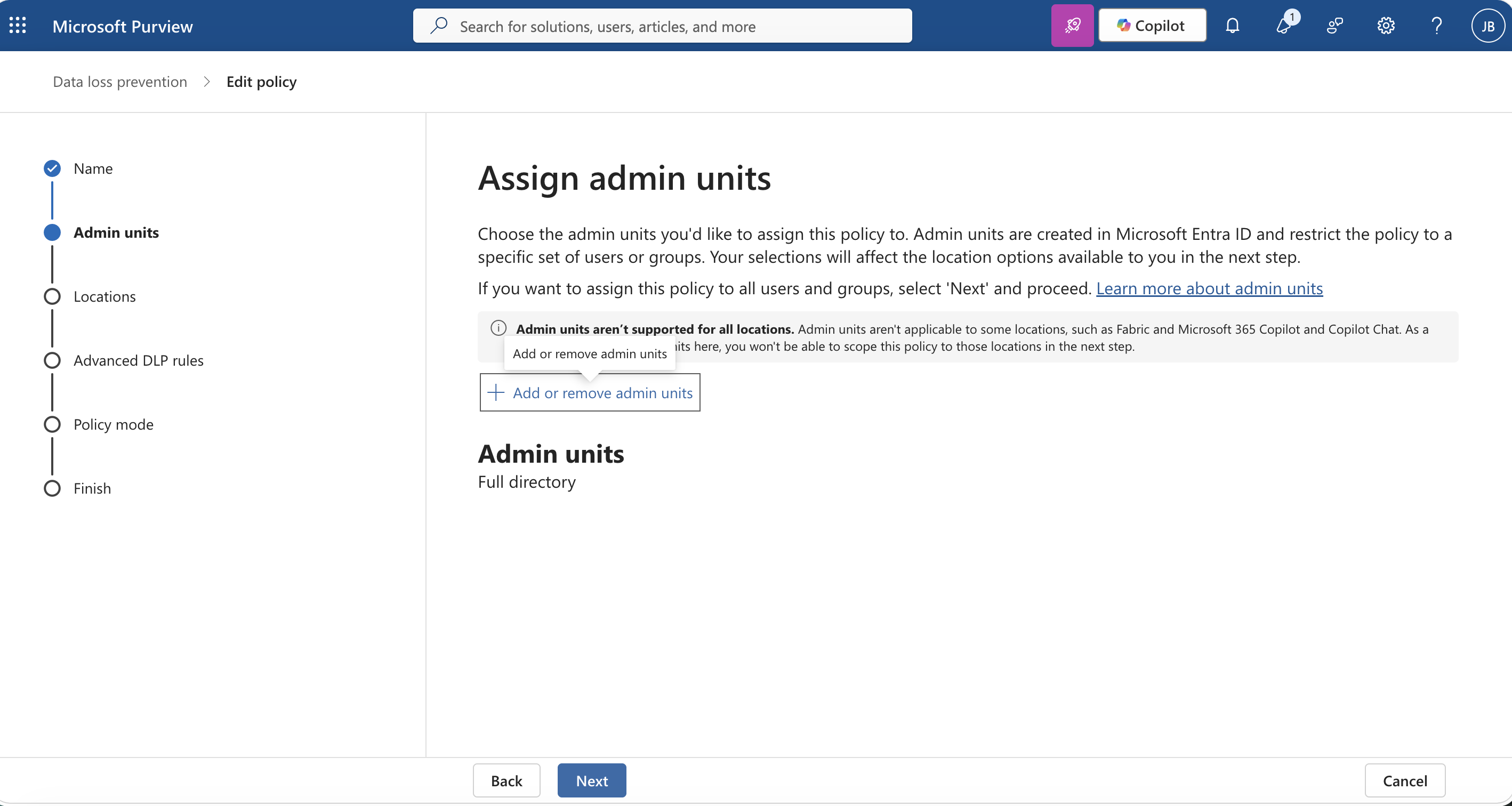 Microsoft Purview DLP policy admin units step