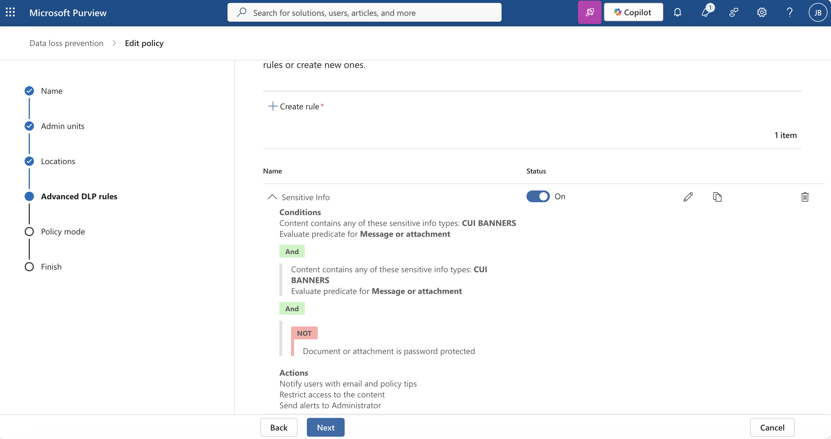 Microsoft Purview DLP policy rule configuration step