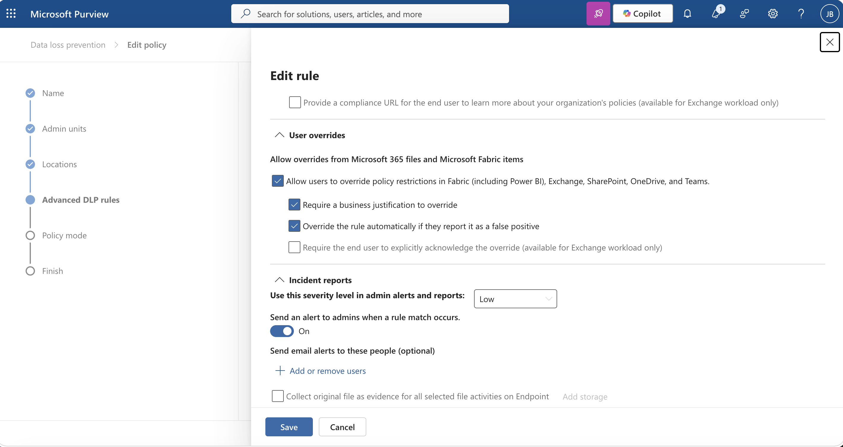 Microsoft Purview DLP policy override settings step