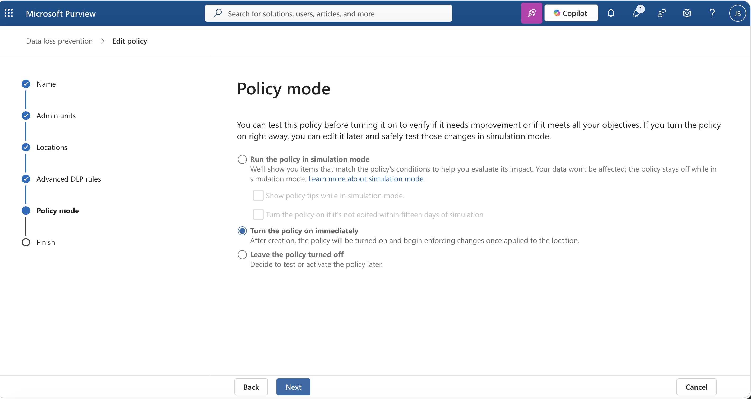 Microsoft Purview DLP policy mode step