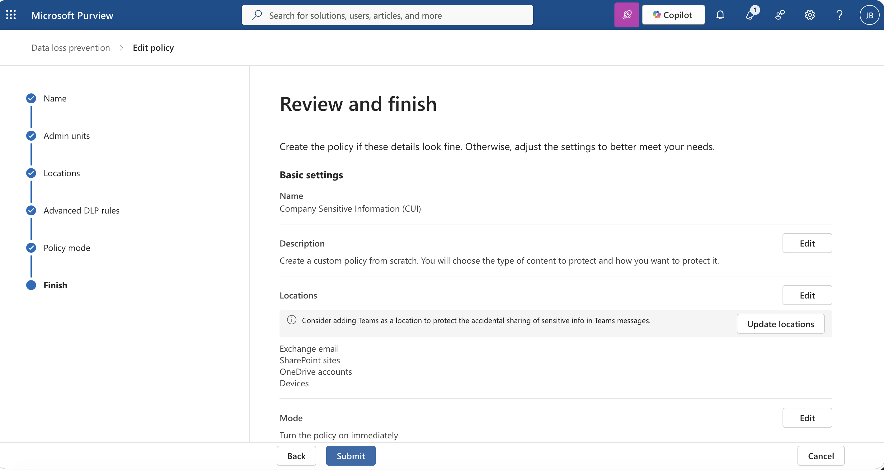 Microsoft Purview DLP policy finish step