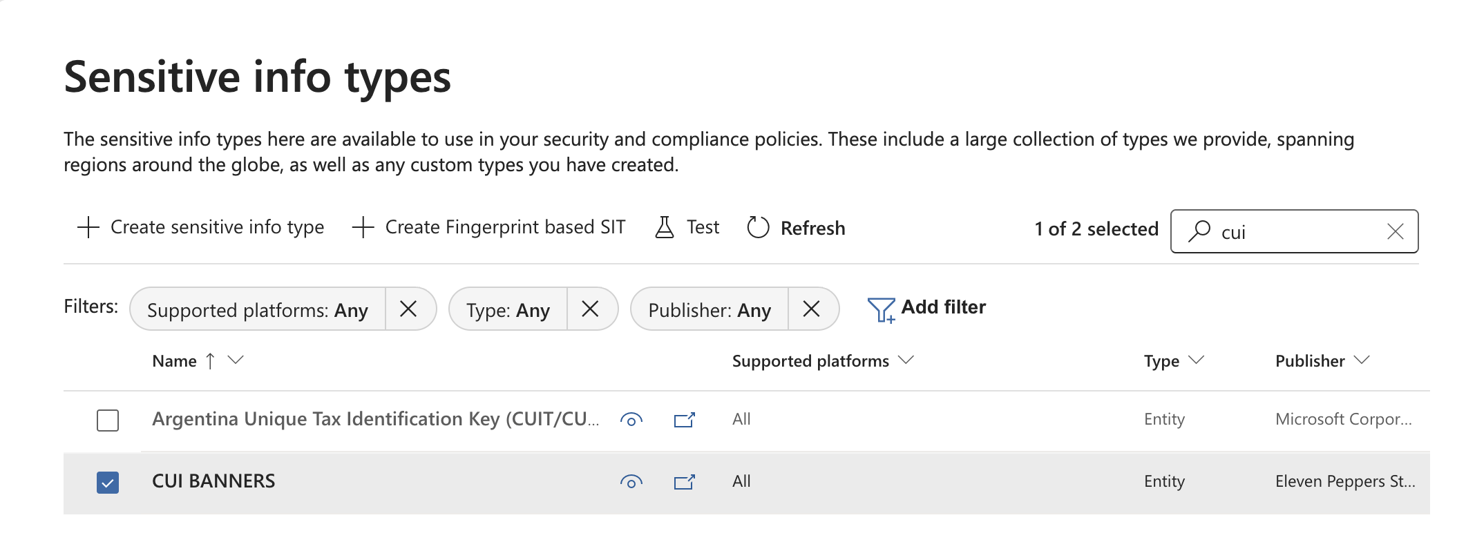 Microsoft Purview sensitive information types list showing a custom CUI banner type