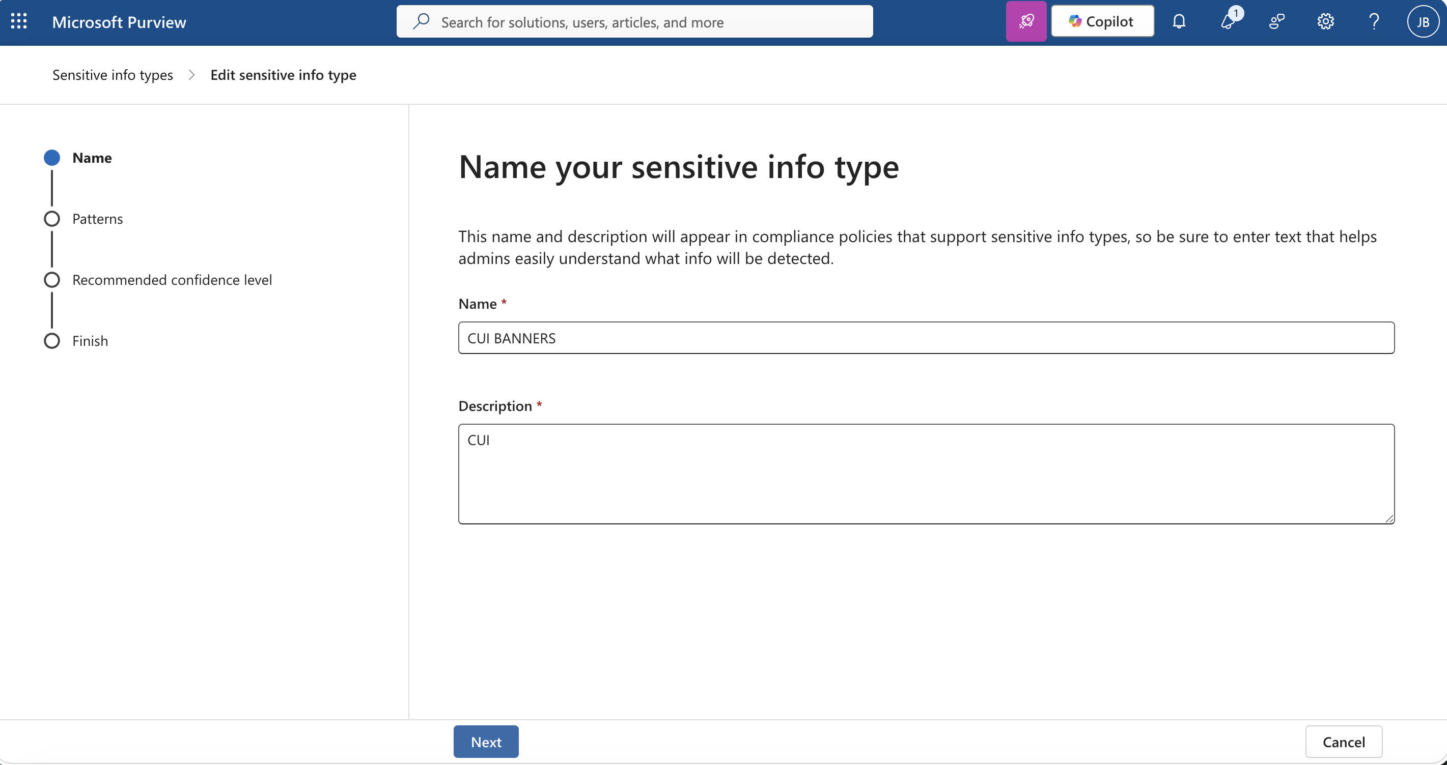 Microsoft Purview custom sensitive information type name screen