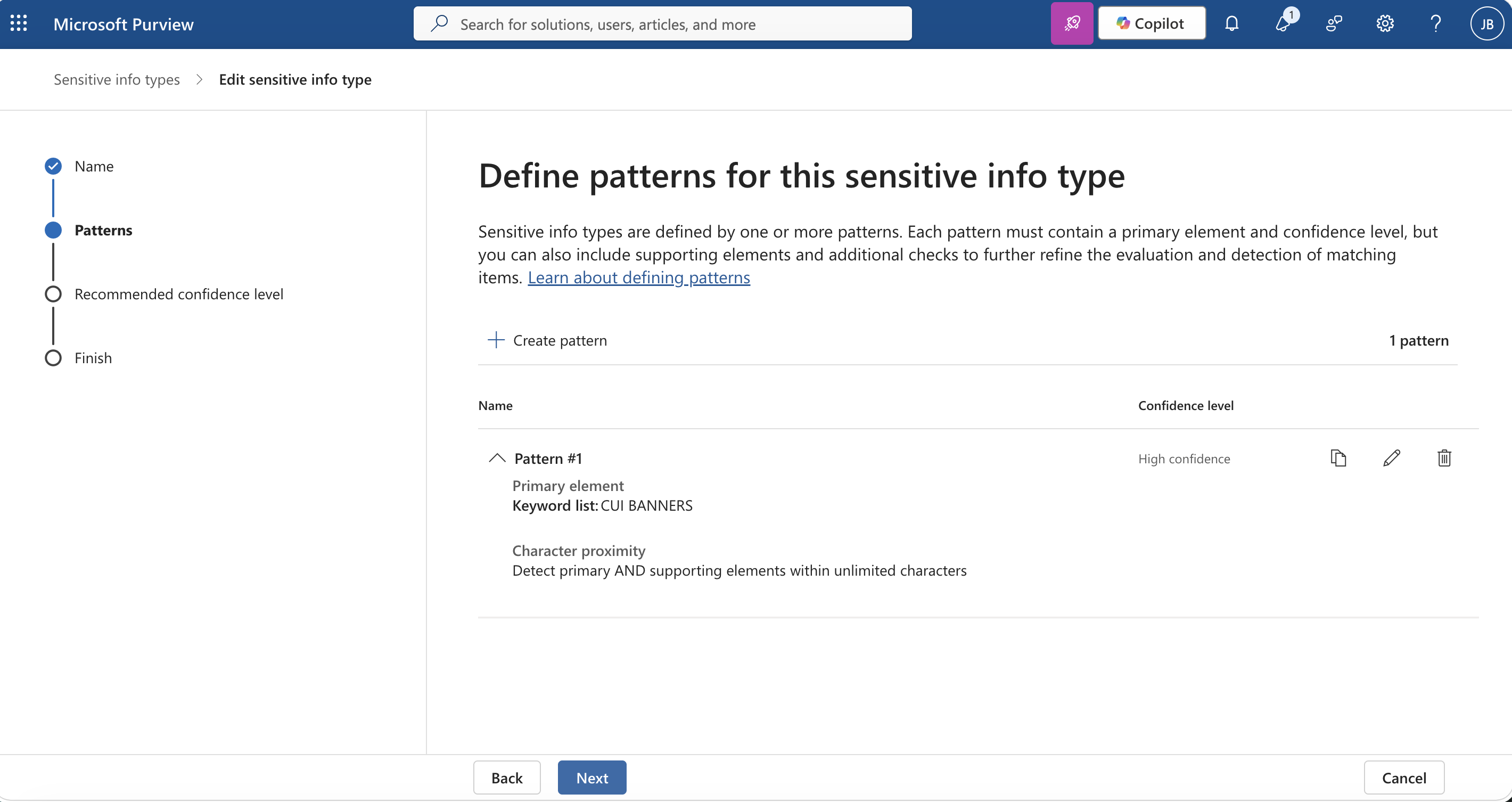 Microsoft Purview custom sensitive information type pattern configuration