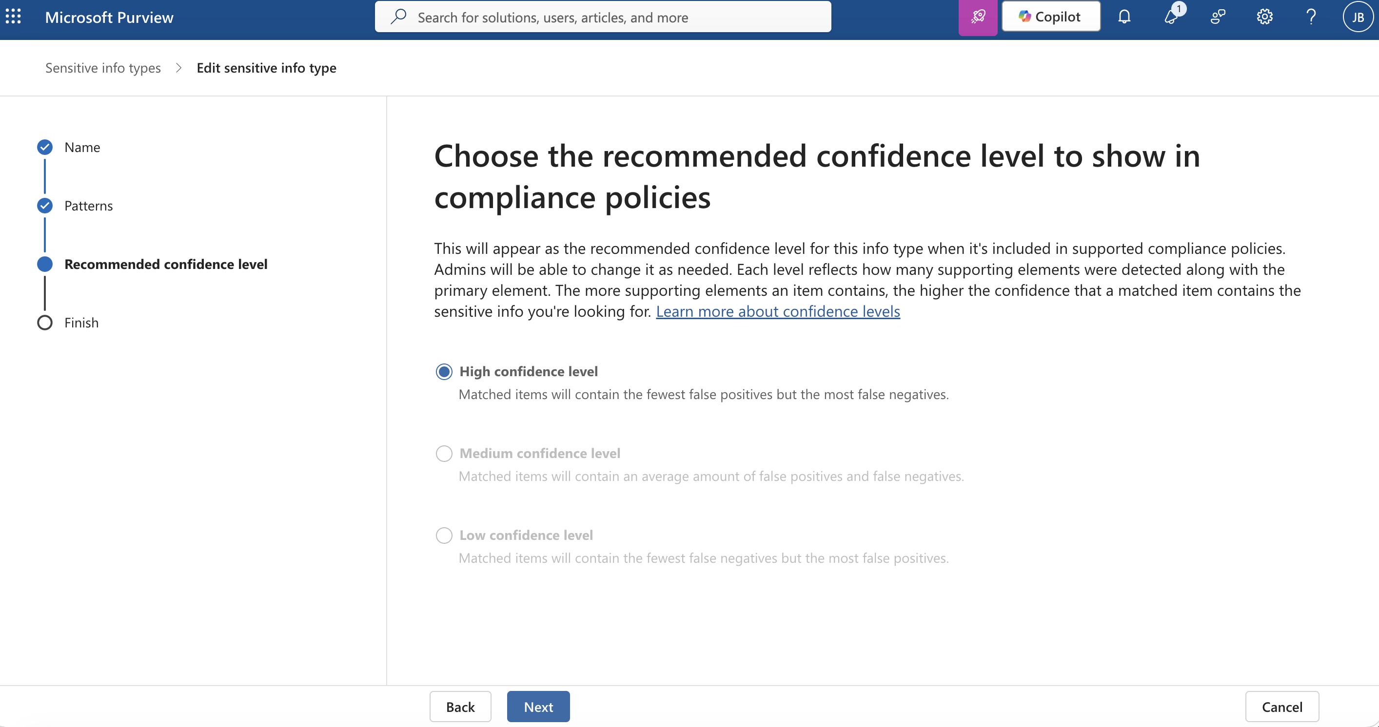 Microsoft Purview custom sensitive information type confidence level selection
