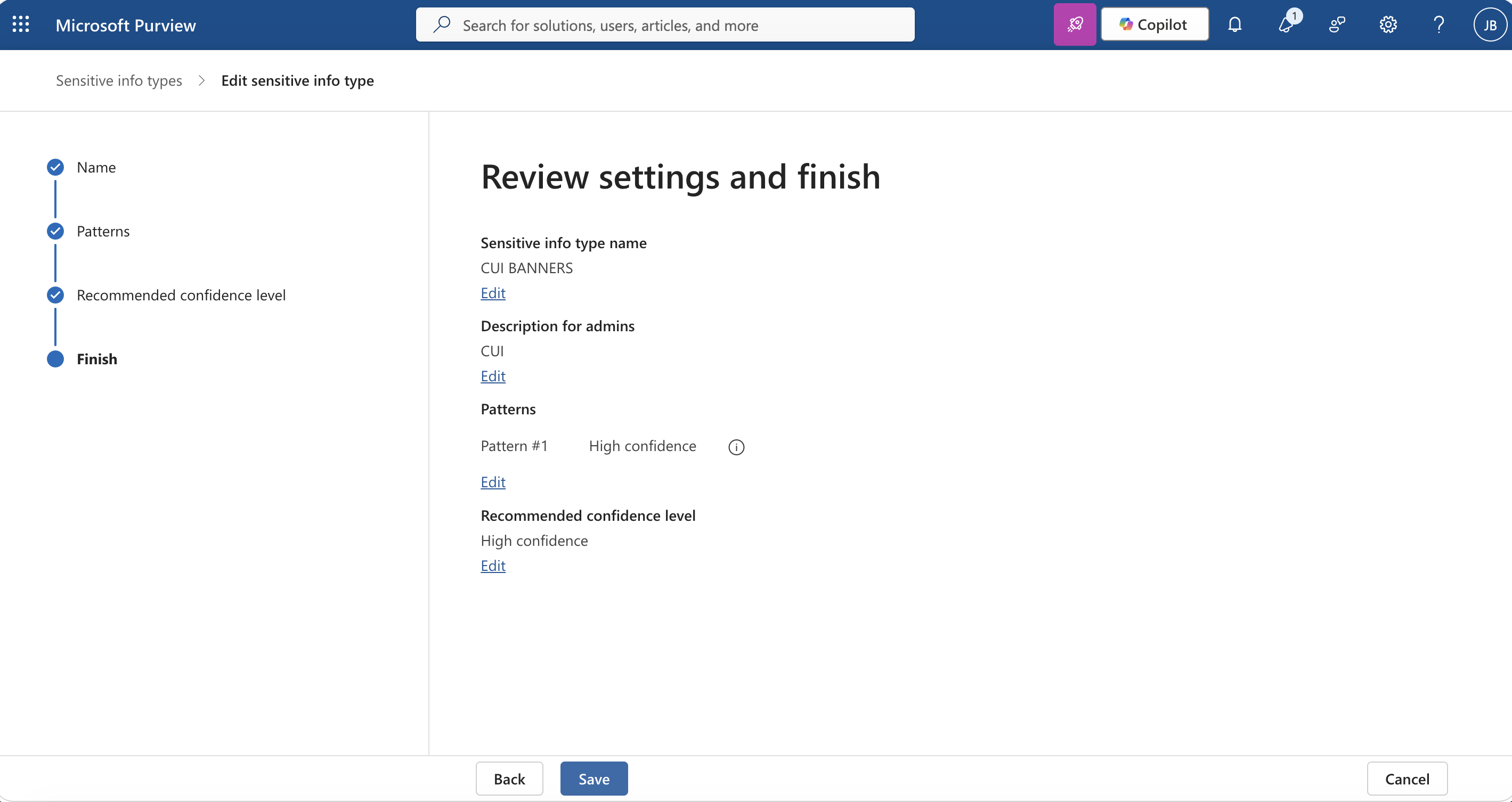 Microsoft Purview custom sensitive information type finish screen