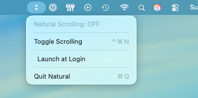 Natural menu bar app showing natural scrolling off with toggle and launch at login options