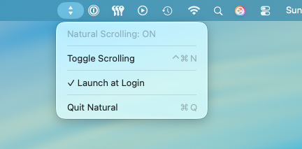 Natural menu bar app showing natural scrolling on and launch at login enabled