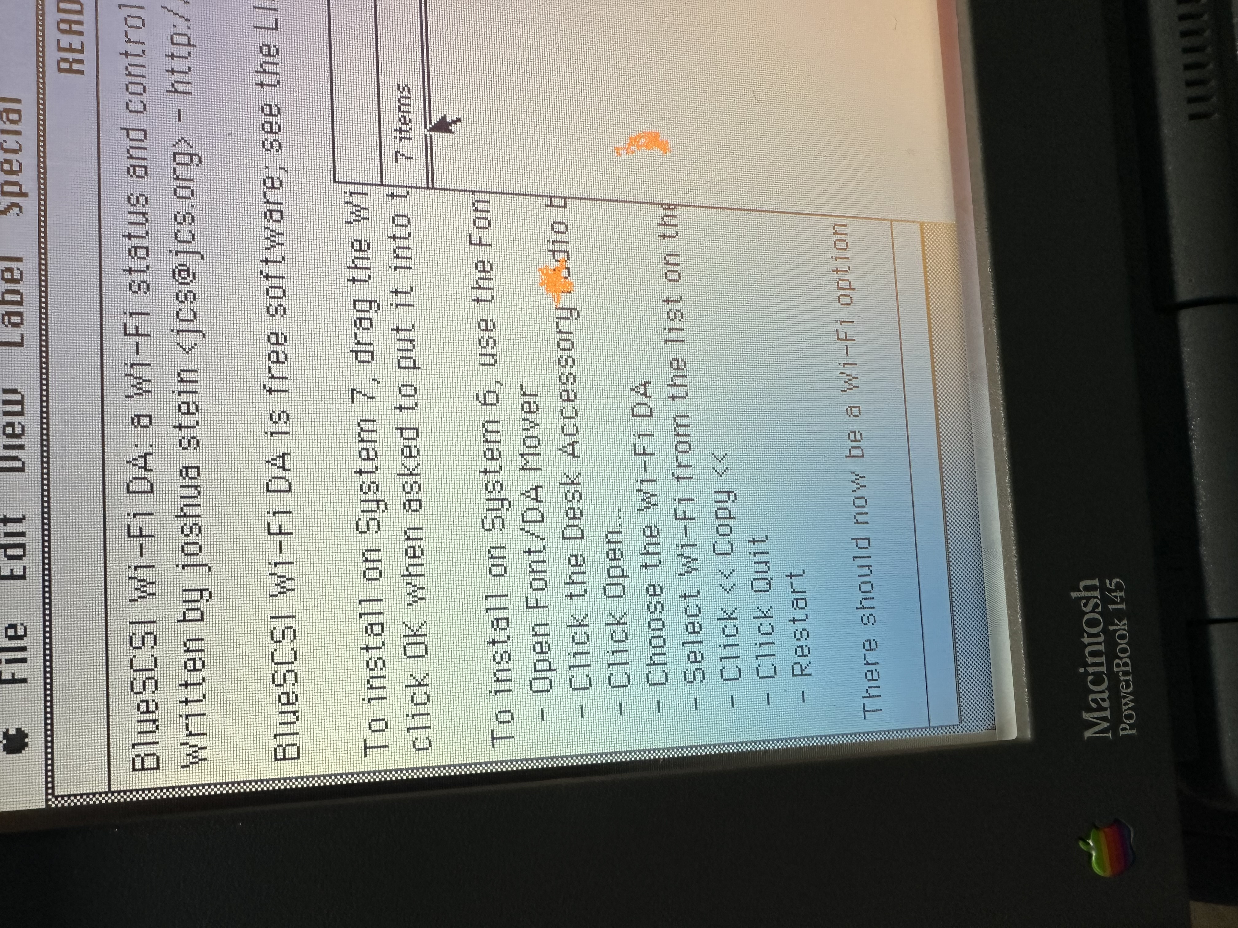 BlueSCSI Wi-Fi desk accessory instructions open on the PowerBook