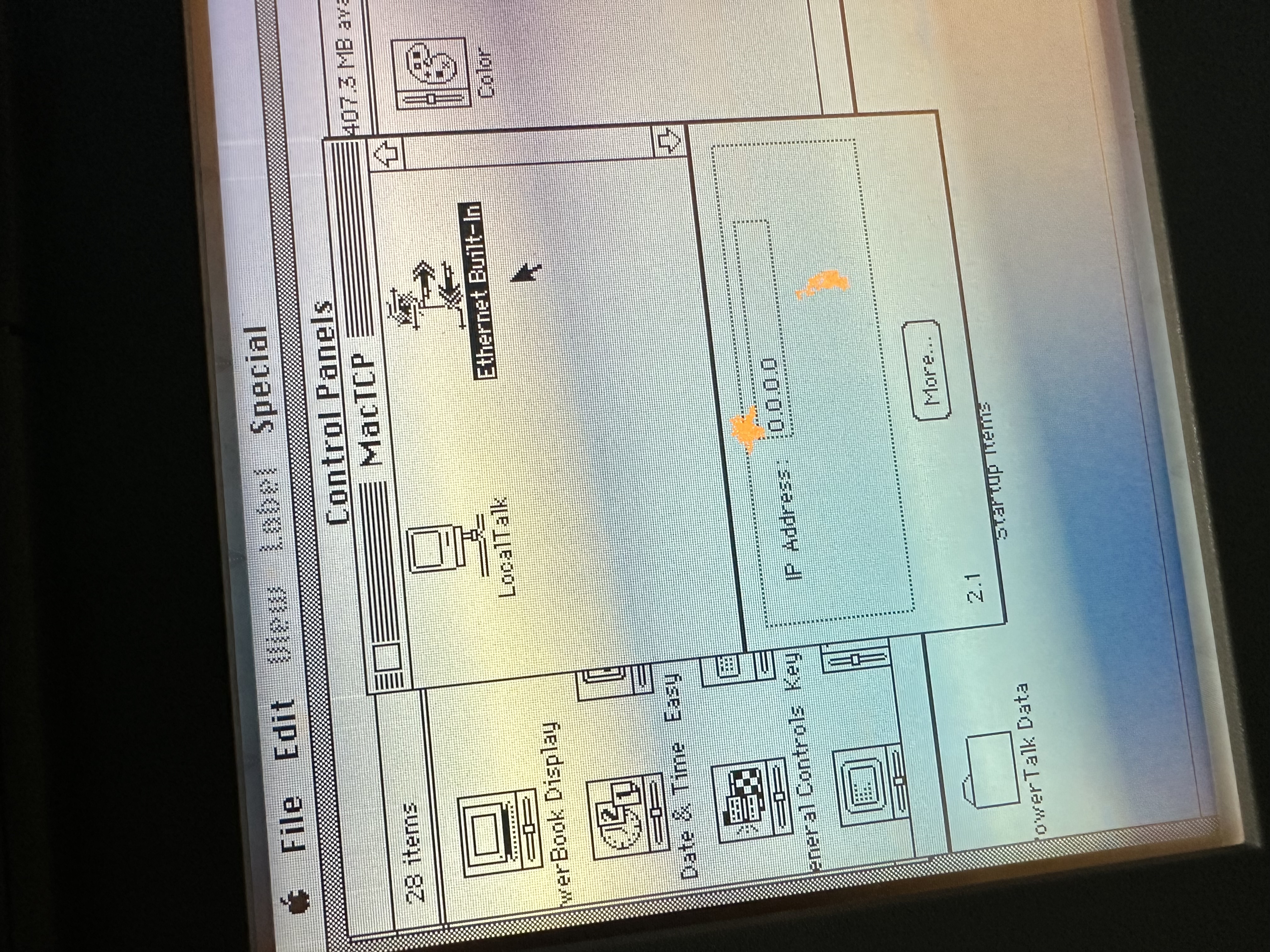 MacTCP showing Ethernet Built-In selected before an IP address is configured