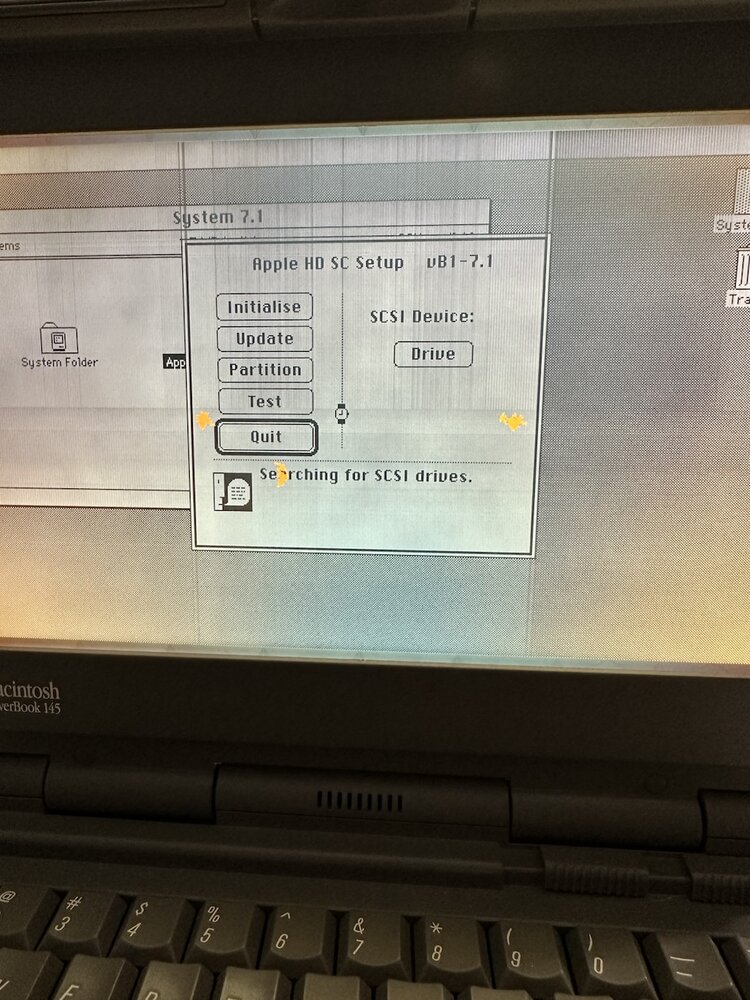 Apple HD SC Setup searching for SCSI drives on the PowerBook 145