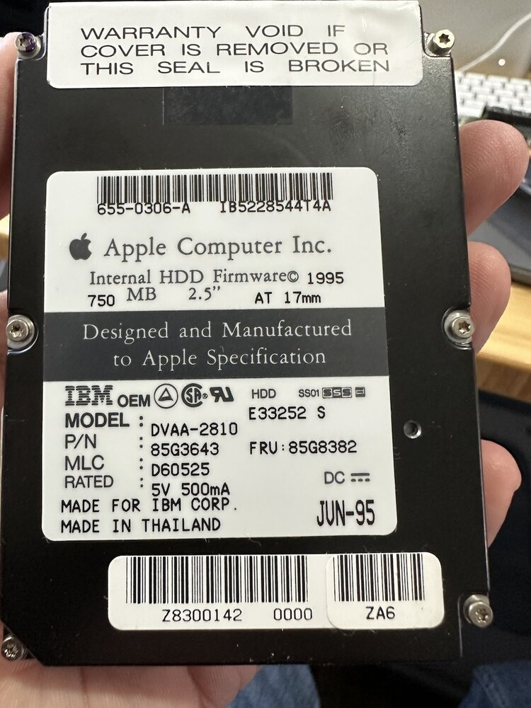 Apple IBM 750 MB 2.5-inch AT IDE hard drive removed from the PowerBook 145