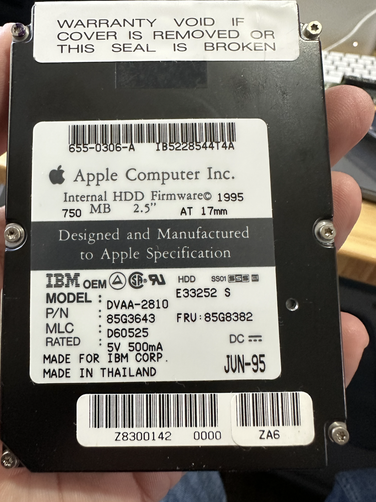 Apple IBM 750 MB 2.5-inch AT IDE hard drive removed from the PowerBook 145