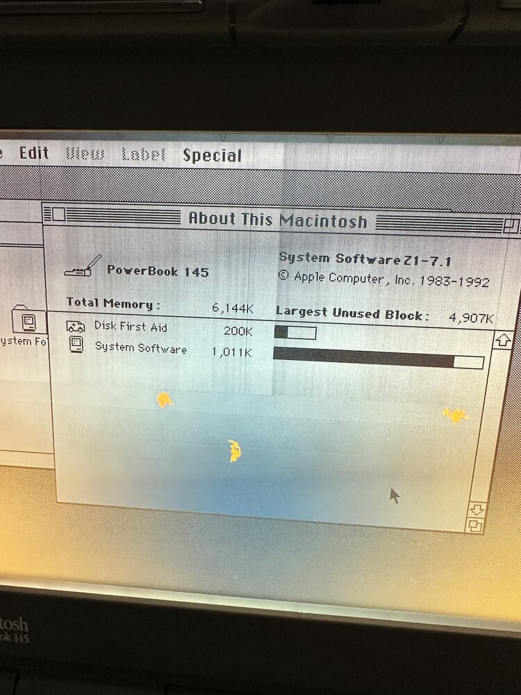 About This Macintosh showing PowerBook 145, System Software 7.1, and 6,144K memory