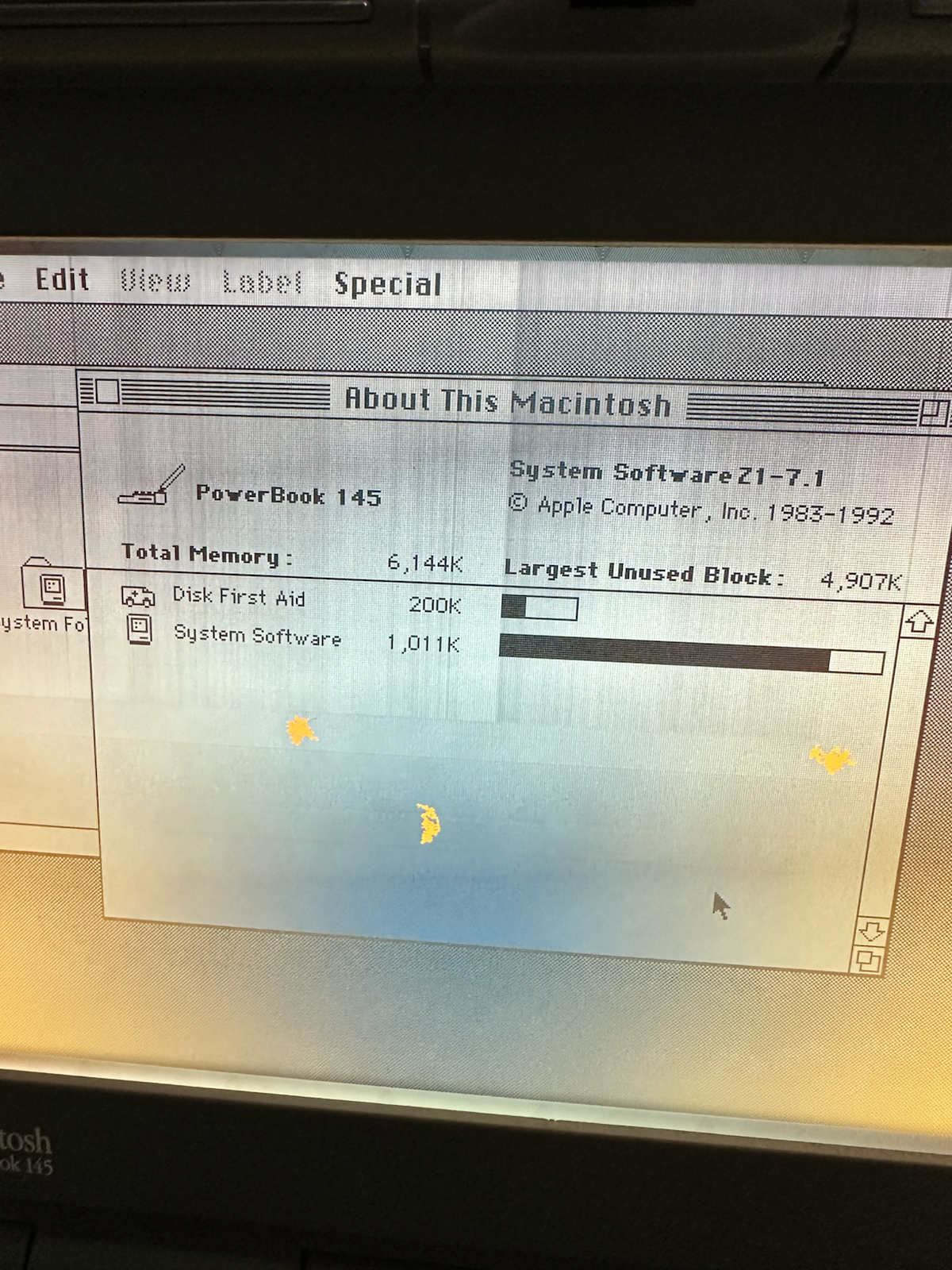 About This Macintosh showing PowerBook 145, System Software 7.1, and 6,144K memory