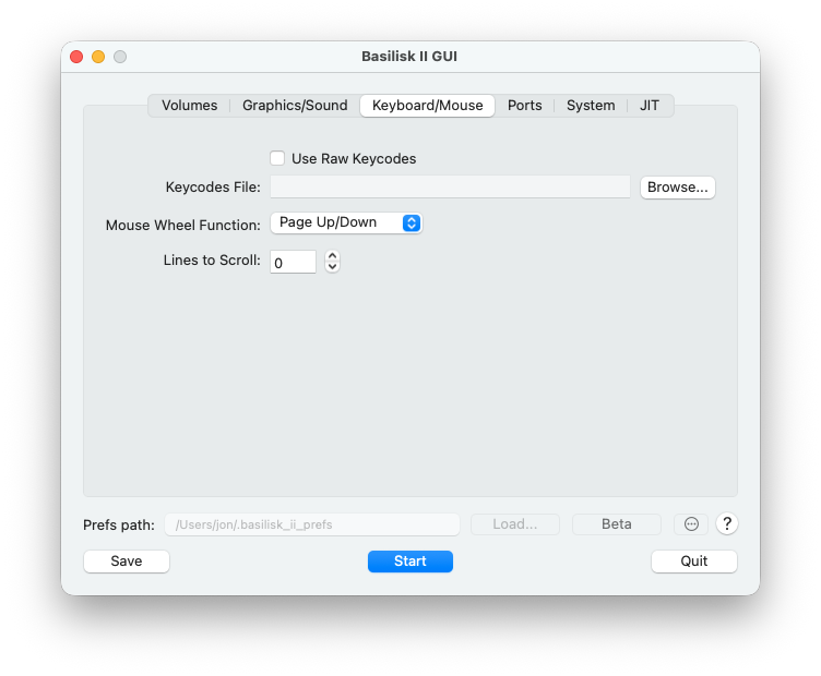 Basilisk II GUI Keyboard and Mouse tab showing default keycode and mouse wheel settings