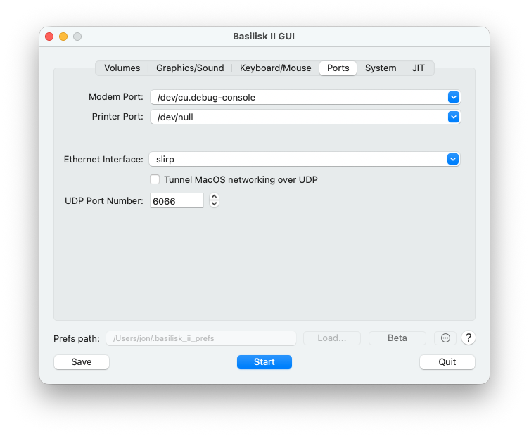 Basilisk II GUI Ports tab showing modem, printer, slirp Ethernet interface, and UDP port settings