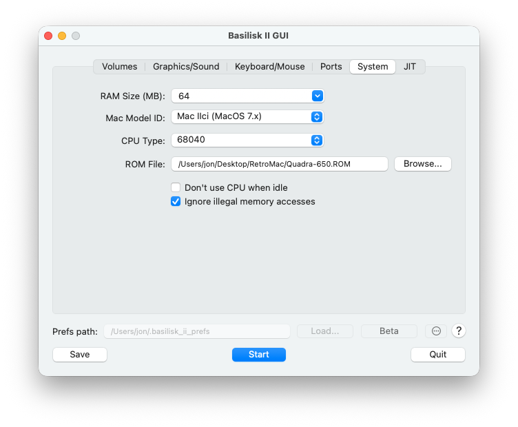 Basilisk II GUI System tab showing 64 MB RAM, Mac IIci model, 68040 CPU, Quadra 650 ROM file, and ignore illegal memory accesses enabled