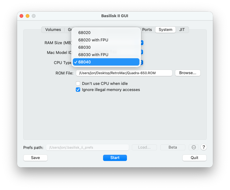 Basilisk II GUI System tab with CPU type dropdown open and 68040 selected