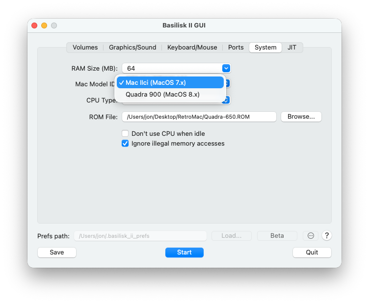 Basilisk II GUI System tab with Mac model dropdown open showing Mac IIci selected