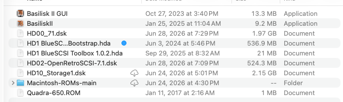 Finder list of Blue SCSI MacHD folder showing Basilisk II GUI, BasiliskII, disk images, Bootstrap, Toolbox, OpenRetroSCSI, and ROM files