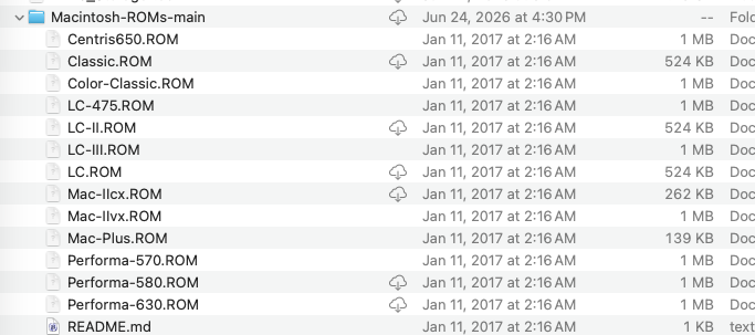 Finder view of Macintosh ROMs folder showing Quadra 650 ROM and other classic Macintosh ROM files