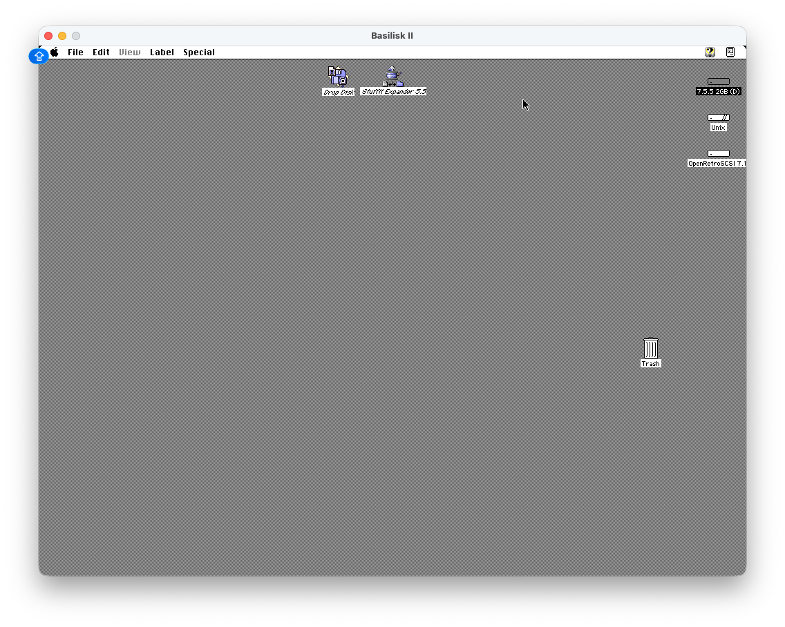 Basilisk II desktop after boot showing 7.5.5 boot disk, Unix shared folder, and OpenRetroSCSI 7.1 target image mounted