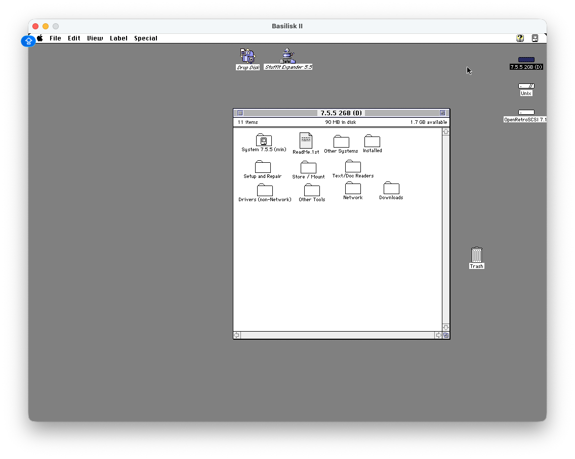 Basilisk II desktop with the 7.5.5 boot disk window open showing system, network, downloads, and utility folders